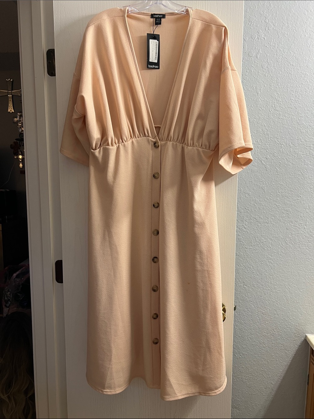 Boohoo Soft Peach Button-Through Midi Dress